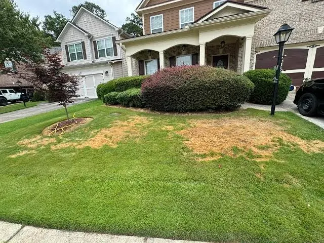 A property with a patchy, worn lawn